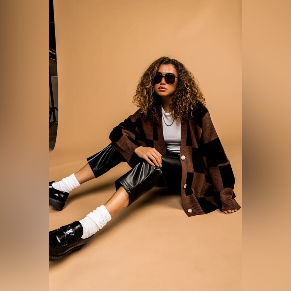 DRESSED IN LALA love you oversized checkered cardigan in Mocha